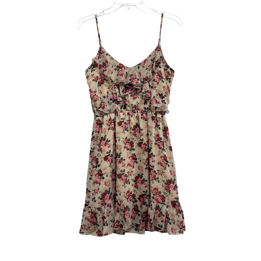 2b Bebe Womens Floral Ruffle Mini Dress Cream Red Rose Elastic Waist XS D8290